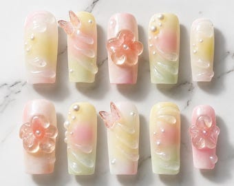 Pastel Flower Press On Nails | Fairycore 3D Floral Nails | Korean Jelly Nails in Pink Yellow Green | Handmade Cute Spring False Nails