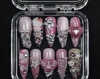 Pink Zebra French Tip Nails | Kawaii 3D Heart Charm Nails | McBling Glam Handmade Gel Nails | Harajuku Nail Set