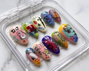 Y2K Colorful Airbrush Fake Nails | Kidcore Doodle Nail Set | Harajuku Cartoon Nails | Indie Maximalist Nails