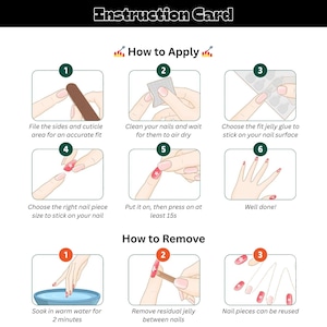 May include: An instruction card with steps for applying and removing nail pieces. The steps include filing, cleaning, applying glue, choosing the right size, pressing, and soaking in warm water. The card also shows how to reuse the nail pieces.