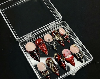 Uñas postizas estilo stiletto estilo gótico Y2K, color rojo y negro – Juego atrevido con dije de estrella 3D