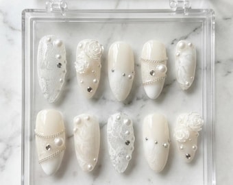 Elegant White Pearl Press On Nails: Handmade Lace, 3D Flower Wedding Nail Set