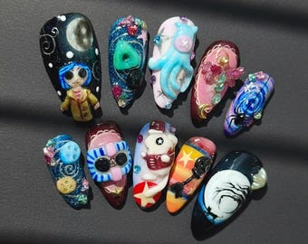 Handmade Coraline Press On Nails | 3D Button Eye Nail Art