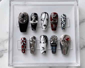 Nana Inspired Press On Nails, Y2K Punk Goth Nails, Anime Manga Nail Set, Black Red Silver Nails, Grunge Alt Girl Nails, Vivienne Style Nails