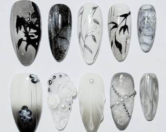 Handmade Gothic Press On Nails: 3D Pearl Flower, Black & White Art