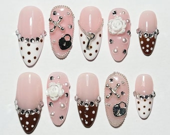 Coquette Lock & Key Press On Nails, Pink Polka Dot Nails, 3D Rose Nails, Romantic Kawaii Nails, Feminine Blush False Nails