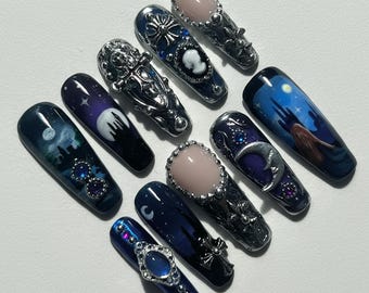 Handmade Gothic Castle Press On Nails, 3D Silver Baroque Moon Nail Set
