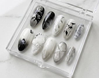 Black and White Press On Nails | Abstract Floral Marble Nails | Korean Minimalist 3D Pearl Nails | Handmade Almond False Nails