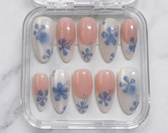 Blue Floral Press On Nails | Soft Pink Korean Nails | Hand Painted Flower Almond Nails | Spring Cottagecore Handmade False Nails