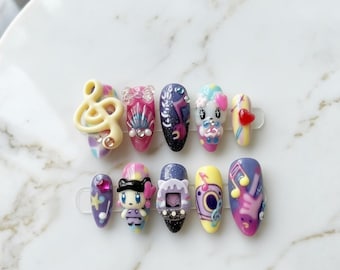 Kawaii Musik Press On Nägel, Harajuku Pop Art Nägel, Bunte 3D Charakter Nägel, Y2K Japanischer Stil Press Ons, Süßes Anime Nagelset