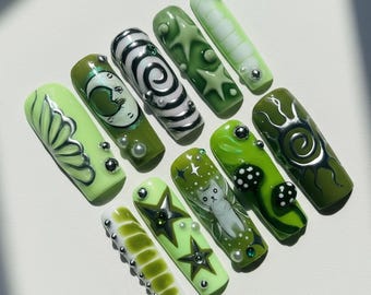 Mystic Green Cat Press On Nails, Witchy Fairycore Handmade 3D Nail Set