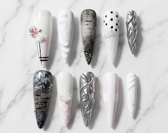 Silver Chrome Grunge Press On Nails, Black White Goth Nails, 3D Floral Nail Set, Y2K Alternative Nails, Edgy Coquette False Nails