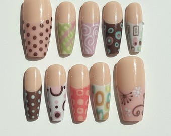 Retro 70s Press On Nails: Funky Geometric Nail Art