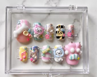 Kawaii Decora Press On Nails, Pastel Y2K 3D Nails, Cute Character Nails, Harajuku Fairy Kei Nails, Maximalist Candy Fake Nails