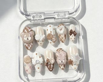 3D-Teddybär auf Nägel drücken - Lange Mandel Coquette Bögen, Polka Dots Set