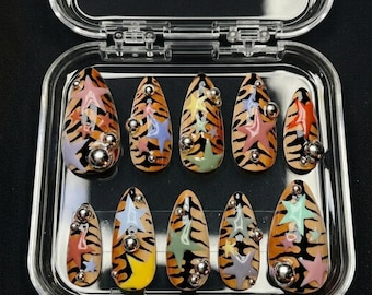 Handmade Tiger Print Almond Press On Nails – Y2K Stars Statement Glam