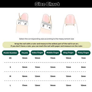 May include: Size chart for nail measurements. Includes illustrations of how to measure nails with a ruler. The chart lists measurements in millimeters for thumb, index, middle, ring, and pinky fingers, with sizes ranging from XS to L.