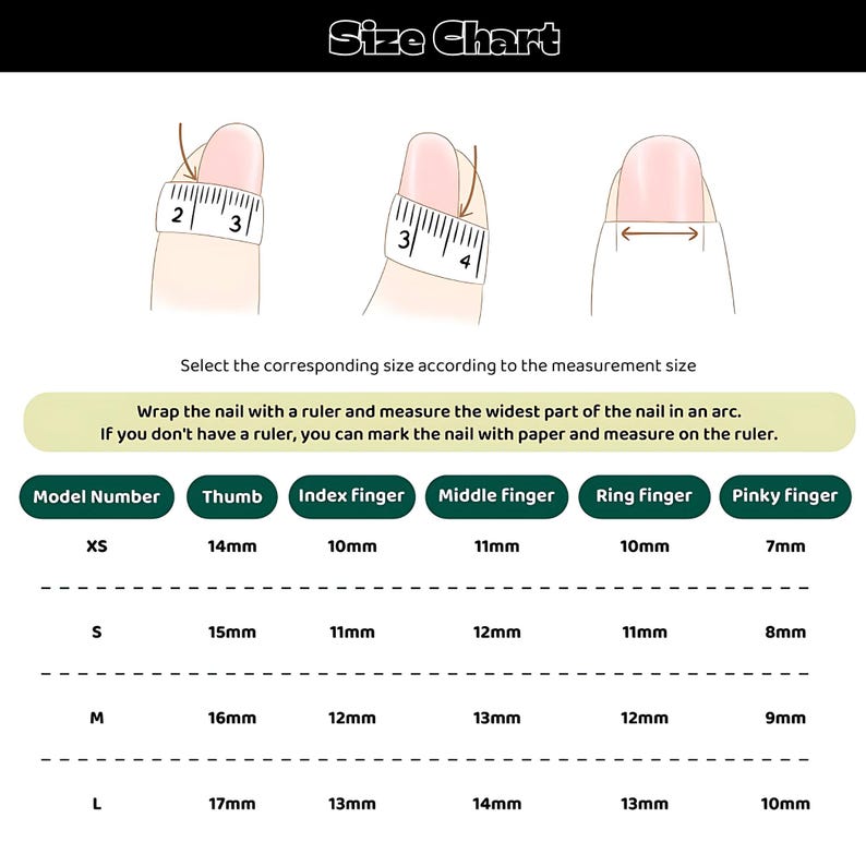 May include: Size chart for nail measurements. Includes illustrations of how to measure nails with a ruler. The chart lists measurements in millimeters for thumb, index, middle, ring, and pinky fingers, with sizes ranging from XS to L.