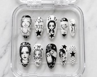 Nana Anime Inspired Press On Nails | Black White Y2K Manga Nails | Nana Osaki & Hachi Nail Set | Shoujo Anime Press Ons | Handmade Nails