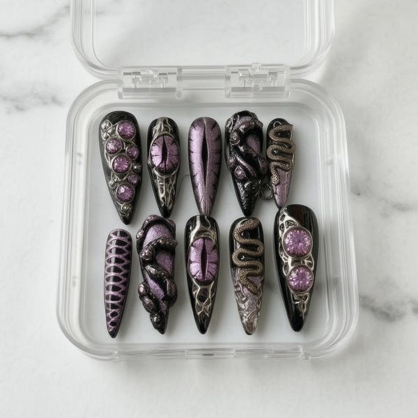 Gothic Snake Press On Nails – Purple Cat Eye Dragon Claw Stiletto Set