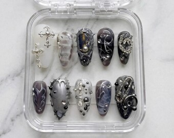 Dark Celestial Press On Nails | Gothic Galaxy Chrome Nails | Cross Moon 3D Nails | Alternative Handmade Silver Aura False Nails