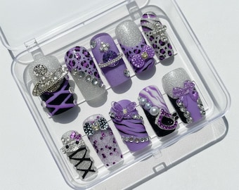 Y2K Purple Press On Nails | Leopard Zebra Rhinestone Nail Set