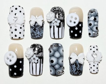 Monochrome Coquette Press On Nails: Handmade 3D Bow Flower Nail Art