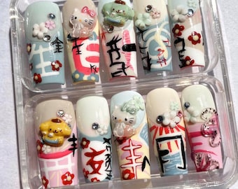 Kawaii Press On Nails, Japanese Character Nail Art, 3D Handmade Nails