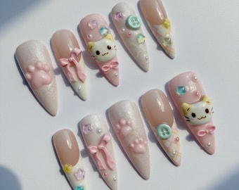 Kawaii Cat Press On Nails: 3D Kitty Paw, Bows, Pastel Pink