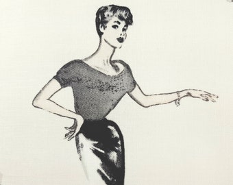 1 Yard Retro 1950&#39;s 1960&#39;s Style FASHION MODELS COUTURE Vintage Vogue Pattern Girls Jackie Kennedy Charcoal Grey Dress Quilting Sew Fabric