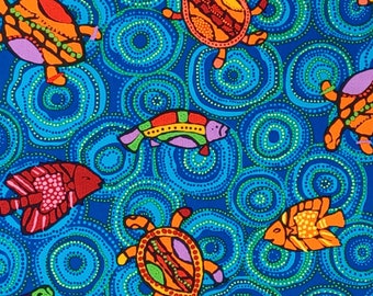 1 Yard Balarinji OCEAN TURTLE FISH Teal Green Aboriginal Indigenous International Folk Art Traditional Jumbana 2005 Andover Quilt Sew Fabric