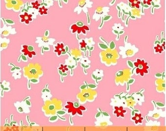 1 Yard Sugar Sack 2 PETITE GARDEN Pink Retro Vintage Style 1940's Reproduction Calico Flowers Whistler Studio Windham Quilting Sewing Fabric