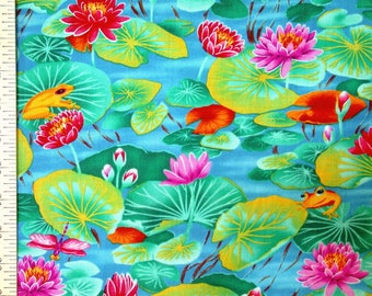 1 Fat Quarter FROG LOTUS POND Party Waterlily Toad Dragonfly Brilliant Teal Blue Pink Water Shamash & Sons Sewing Quilting Fabric