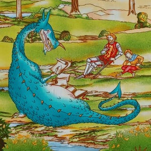 May include: A blue dragon with spiky scales is reading a book while a knight and a young person sit nearby in a green meadow.