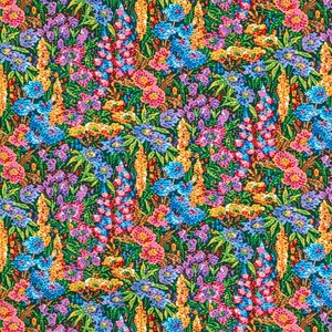 May include: A vibrant floral pattern featuring a dense arrangement of colorful flowers. The design showcases a variety of blooms in shades of pink, blue, purple, and orange, set against a dark green background. The pattern is detailed and visually rich.