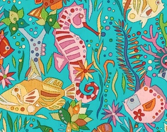 1 Yard DEEP SEA FISH Tropical Seahorse Seaweed Ocean Plants Teal Pink Alexander Henry Quilting Sewing Fabric