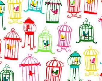 1 Fat Quarter TWEET TWEET Retro Vintage Birdcages Songbirds 1950's Style Inspired Hot Pink Green Red Yellow M. Miller Quilting Sewing Fabric