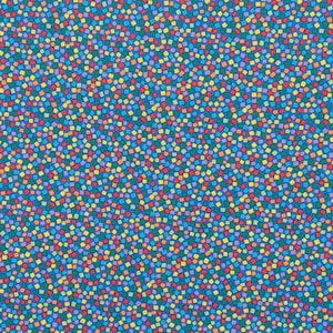 May include: A seamless pattern of small, colorful squares on a blue background. The squares are in various shades of red, orange, yellow, green, blue, and purple.