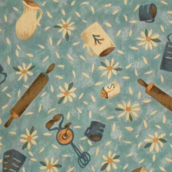 1 Fat Quarter RURAL YESTERDAY Kitchen Daisy Toss Antique Colonial Rolling Pin Wooden Spoon Dusty Blue Primitive Prim Fabric Expressions RJR