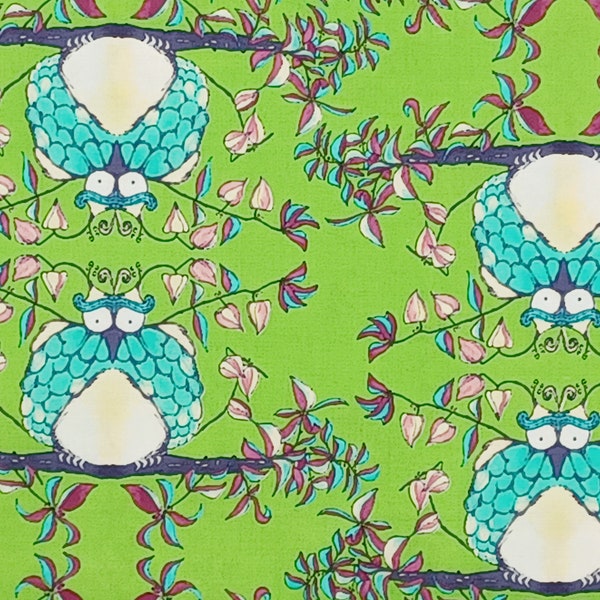 1 Yard OPAL OWL Bird Trees Lime Green Aqua Tina Givens Free Spirit Quilting Sewing Fabric