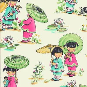 1 Fat Quarter Retro Vintage Style CHINA DOLL CHILDREN Chinese Lotus Playtime Nursery Baby Michael Miller Quilting Sewing Patchwork Fabric