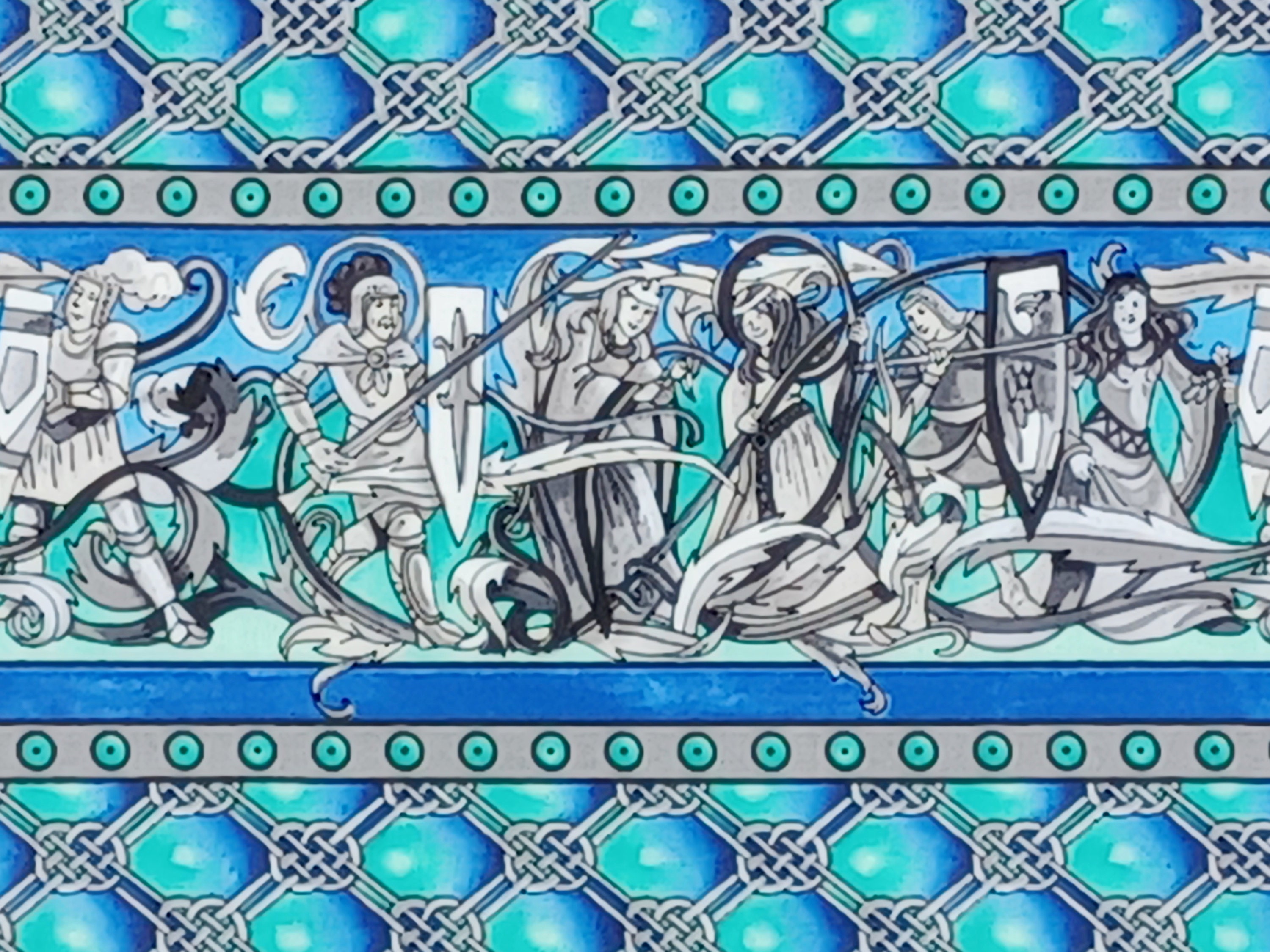 1 Yard MEDIEVAL KNIGHTS MAIDENS Stripe Teal Blue Gray Dragon Slayers King Arthur Luana Rubin Timeless Treasures Quilting Sewing Fabric
