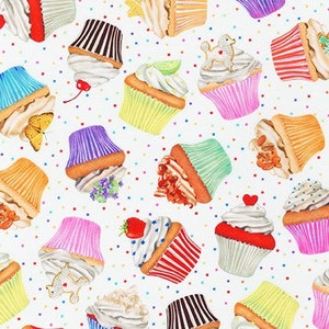 May include: A white background with colorful cupcakes decorated with various toppings, including sprinkles, frosting, and fruit. The cupcakes are arranged in a random pattern, creating a fun and festive design.