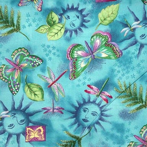 1 Fat Quarter CELESTIAL DRAGONFLY SUN Butterfly Fern Night Sky Gold Metallic Teal Green Purple Timeless Treasures Quilting Sewing Fabric