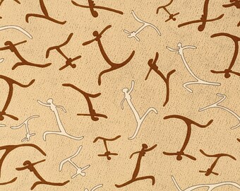 May include: A beige background with a repeating pattern of brown and white stick figures. The figures are stylized and resemble ancient cave paintings.