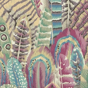 May include: A fabric with a repeating pattern of colorful feathers. The feathers are in shades of pink, purple, blue, green, and brown. The fabric has a vintage look.