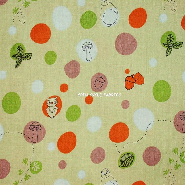 1 Yard Day At the Zoo ANIMAL POLKA DOT Toss Green Acorn Owl Mushroom Penguin Camelot Cottons Baby Nursery Anton & Ink Quilting Sewing