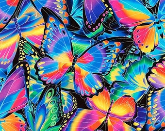 1 Yard Gorgeous BUTTERFLY COLLAGE Nature Studies Rainbow Digital Vibrant Insects Wings Robert Kaufman Quilting Sewing Fabric