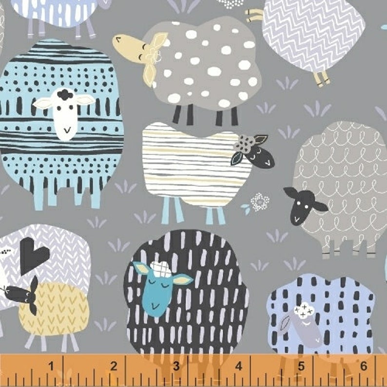 1 Yard BAH BAH BABY Sheep in the Field Jill McDonald Gray Blue Charcoal Wool Farm Animal Modern Baby Nursery Children Pastel 50829-2 Gray