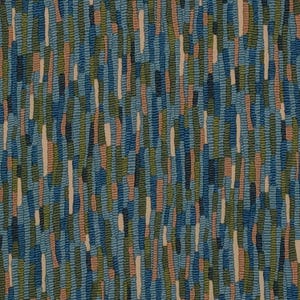 May include: Textile with a repeating pattern of vertical lines in shades of blue, green, beige, and white. The design has a textured appearance, resembling brushstrokes or a woven fabric. The overall aesthetic is abstract and modern.